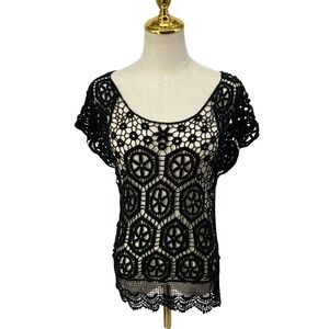 Black Crochet Lace Top Short Sleeve Floral S/M Festival Sheer Scalloped Beachy